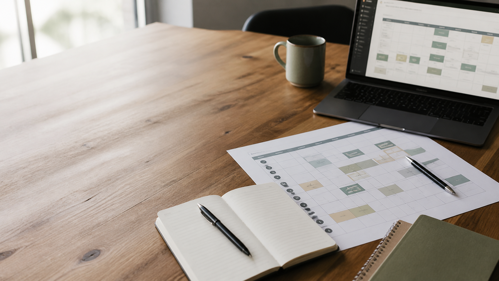 Ministry planning table with printed schedule and laptop